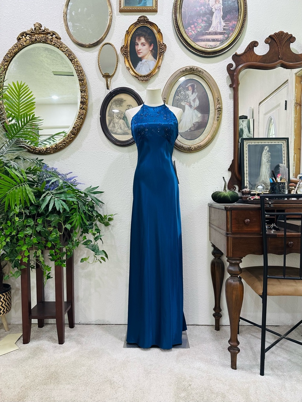 Elegant Beaded Halter Evening Dress in Teal
